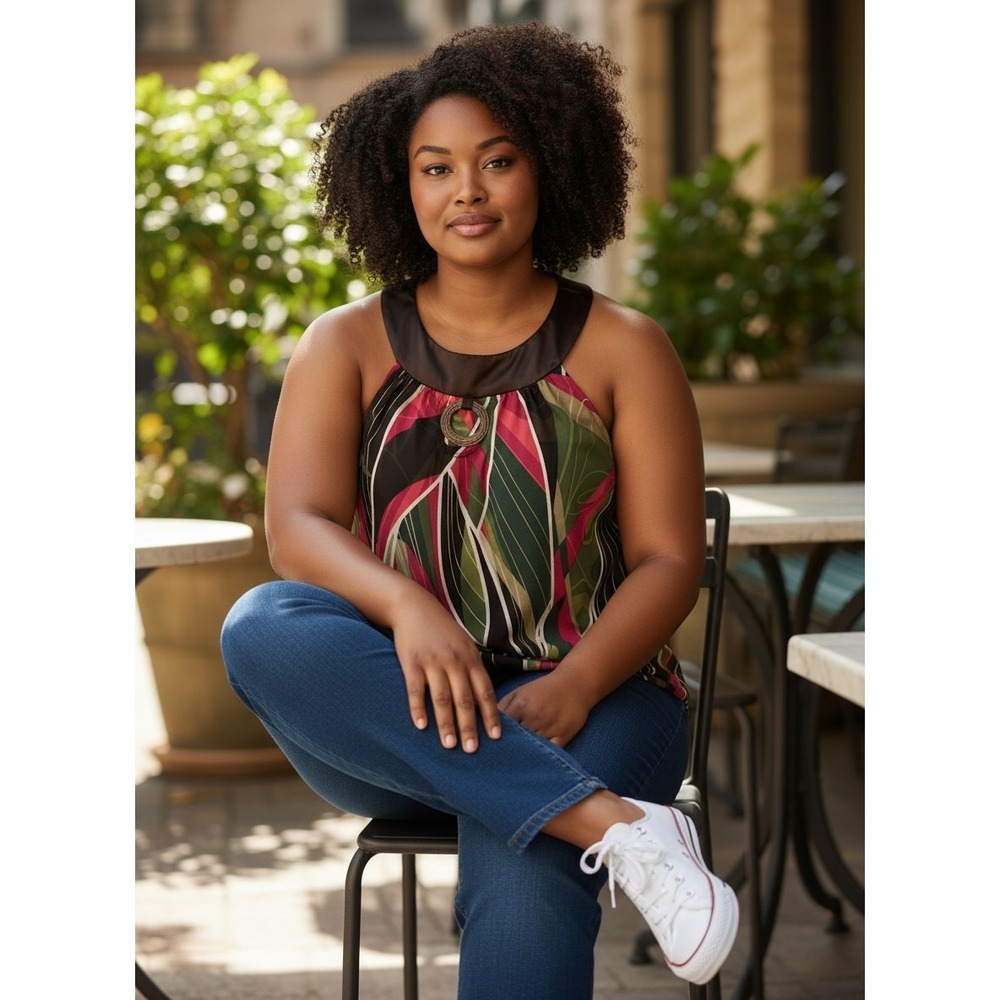I.N. San Francisco Women M Abstract Leaf Halter Top Pink Green Satin Ring Detail